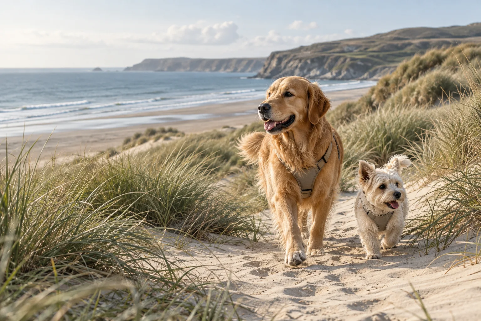 A golden retriever and a small terrier exploring grassy coastal dunes together